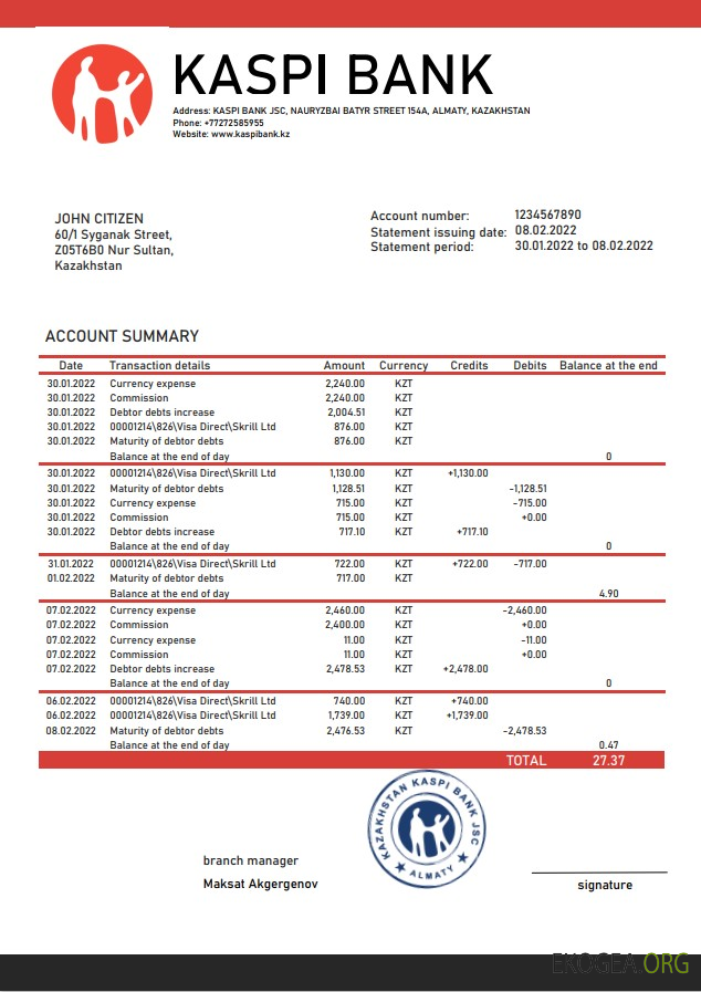 Relevé de la banque Kaspi du Kazakhstan